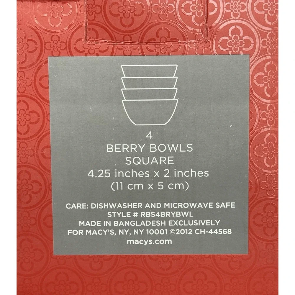 Charter Club GRAND BUFFET Red Berry - Set of 4 Porcelain Square Berry Bowls -EUC